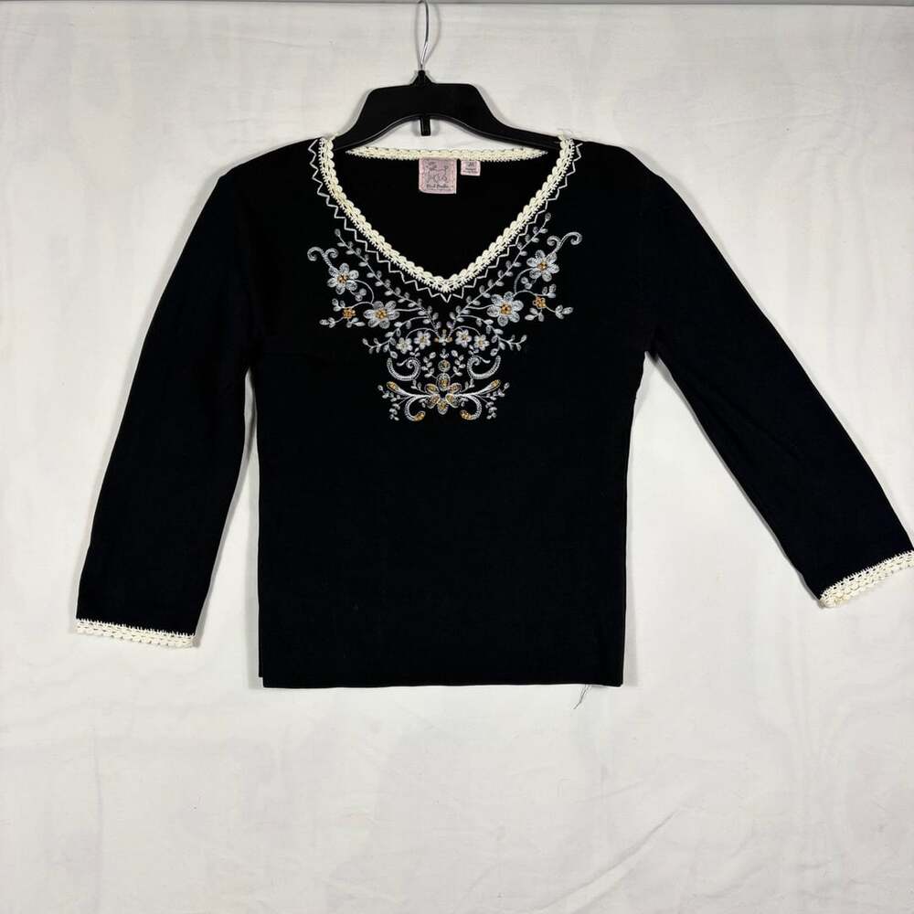 Pink Poodle Embroidered Sweater Size M Black Crochet Trim